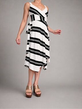 Anthropologie Akemi + Kin Rosaria Striped Wrap Midi Dress Size 6 Black White Cot
